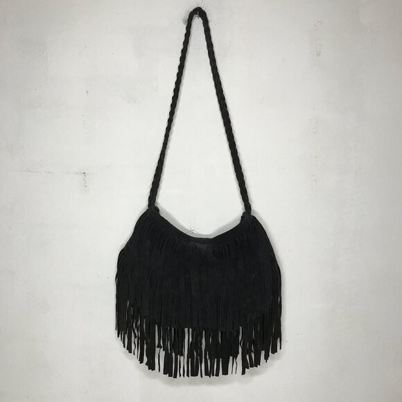 J.J. Winters Fringe Suede Black Boho Hippie Crossbody Shoulder Bag Braided Strap - Picture 1 of 14